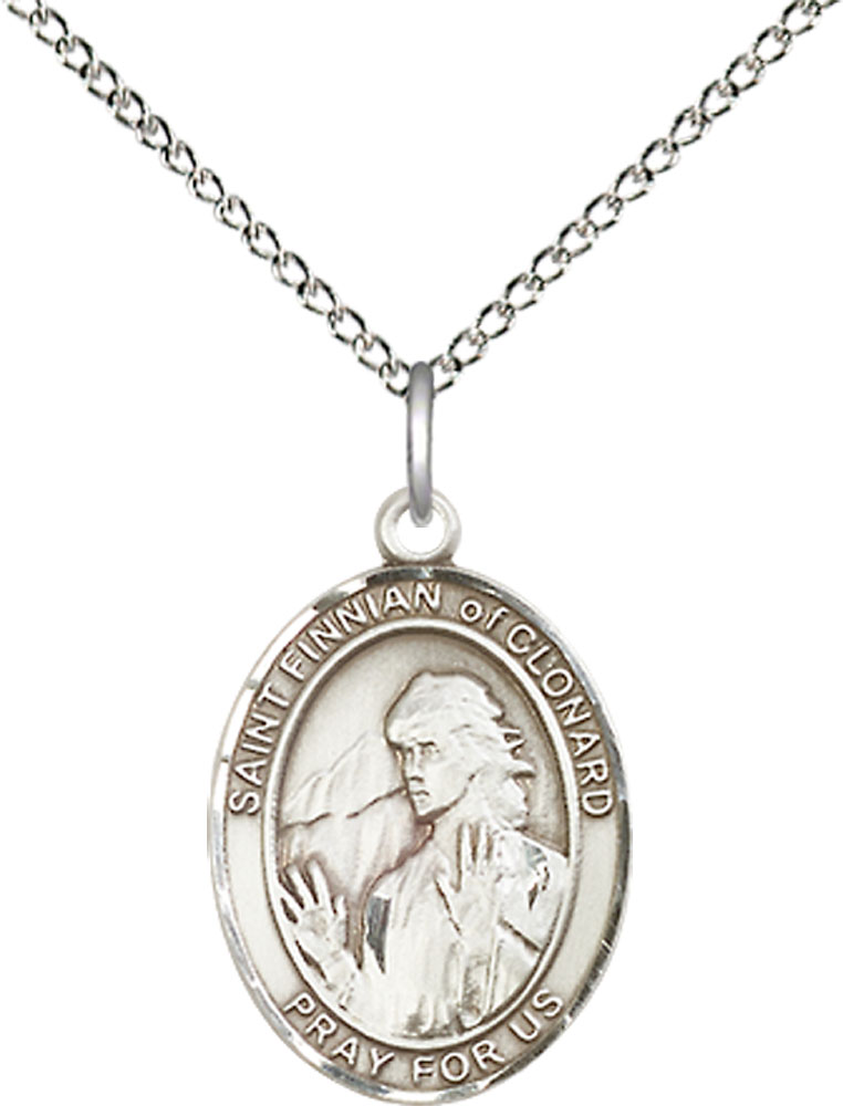 Sterling Silver Saint Finnian of Clonard Pendant on a 18 inch Sterling Silver Light Curb chain