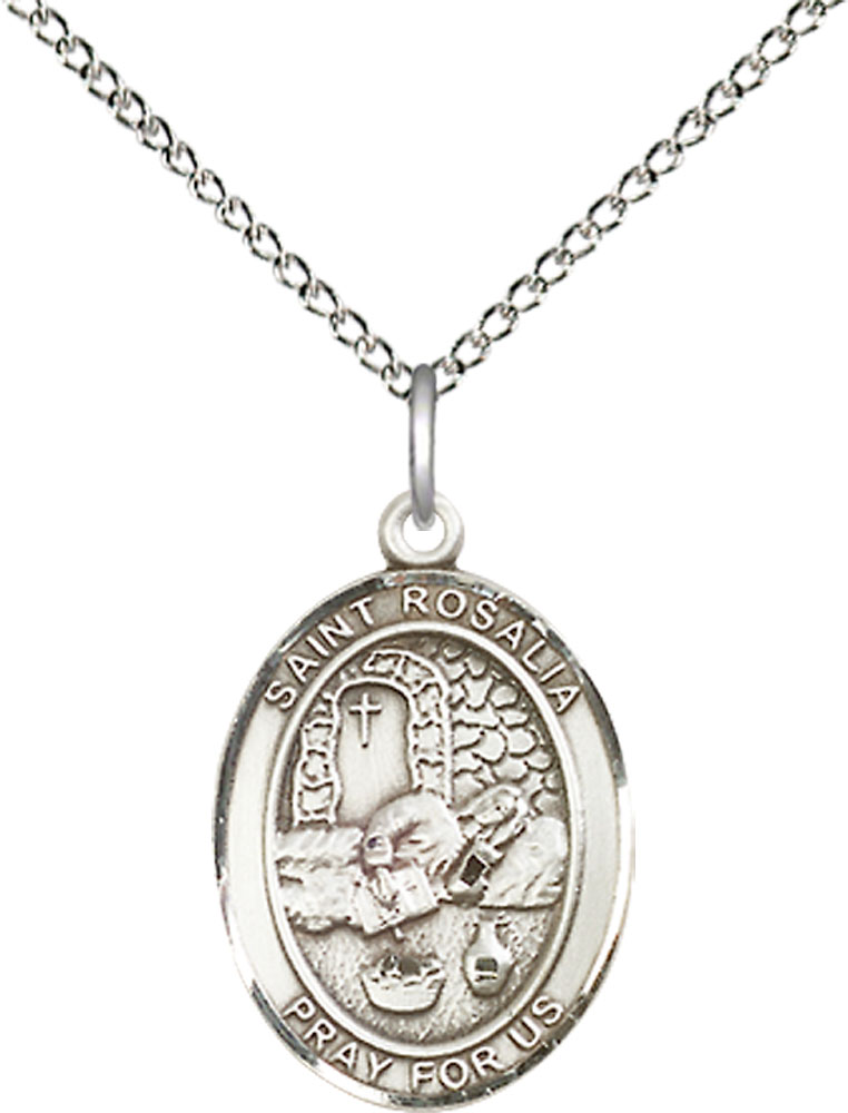 Sterling Silver Saint Rosalia Pendant on a 18 inch Sterling Silver Light Curb chain