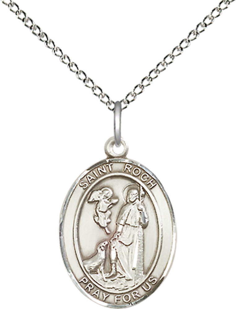 Sterling Silver Saint Roch Pendant on a 18 inch Sterling Silver Light Curb chain