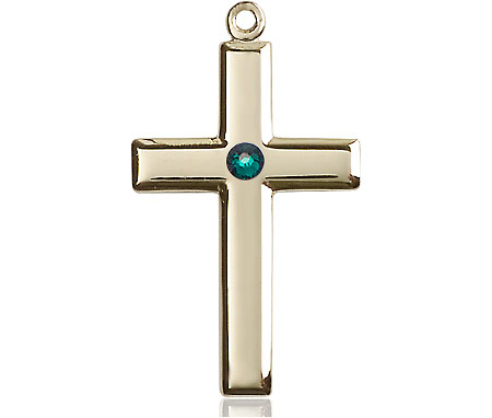 14kt Gold Filled Cross Medal with a 3mm Emerald Swarovski stone