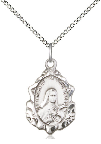 Sterling Silver Saint Theresa Pendant on a 18 inch Sterling Silver Light Curb chain