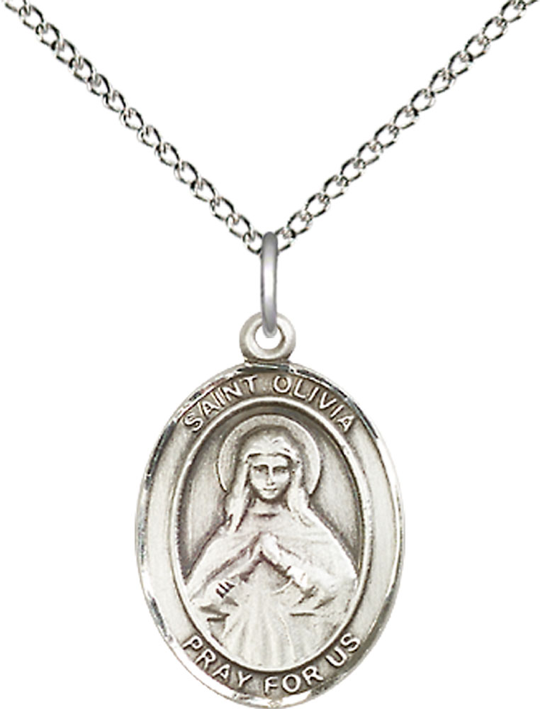 Sterling Silver Saint Olivia Pendant on a 18 inch Sterling Silver Light Curb chain