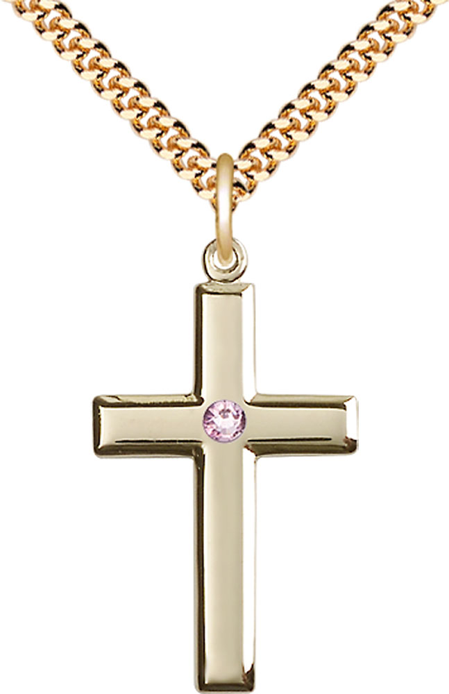 14kt Gold Filled Cross Pendant with a 3mm Light Amethyst Swarovski stone on a 24 inch Gold Plate Heavy Curb chain