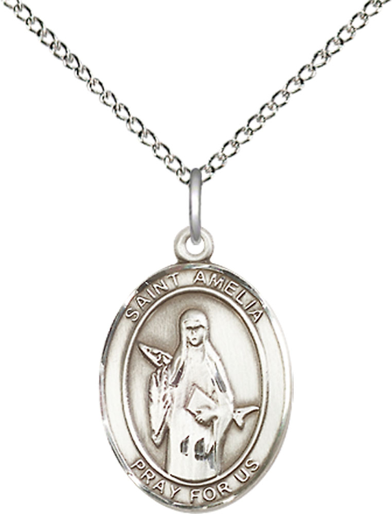 Sterling Silver Saint Amelia Pendant on a 18 inch Sterling Silver Light Curb chain
