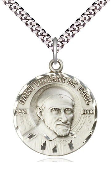 Sterling Silver Saint Vincent de Paul Pendant on a 24 inch Light Rhodium Heavy Curb chain