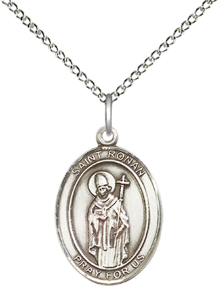 Sterling Silver Saint Ronan Pendant on a 18 inch Sterling Silver Light Curb chain