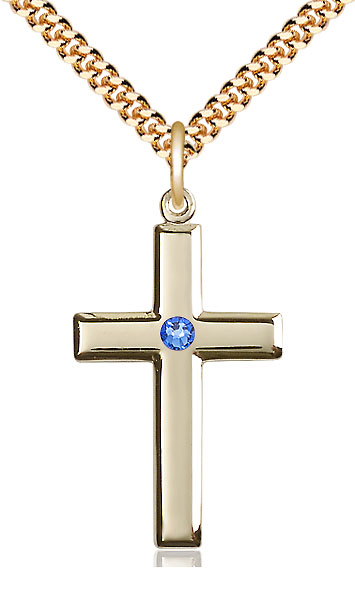 14kt Gold Filled Cross Pendant with a 3mm Sapphire Swarovski stone on a 24 inch Gold Plate Heavy Curb chain