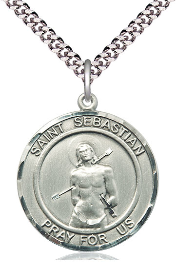 Sterling Silver Saint Sebastian Pendant on a 24 inch Light Rhodium Heavy Curb chain