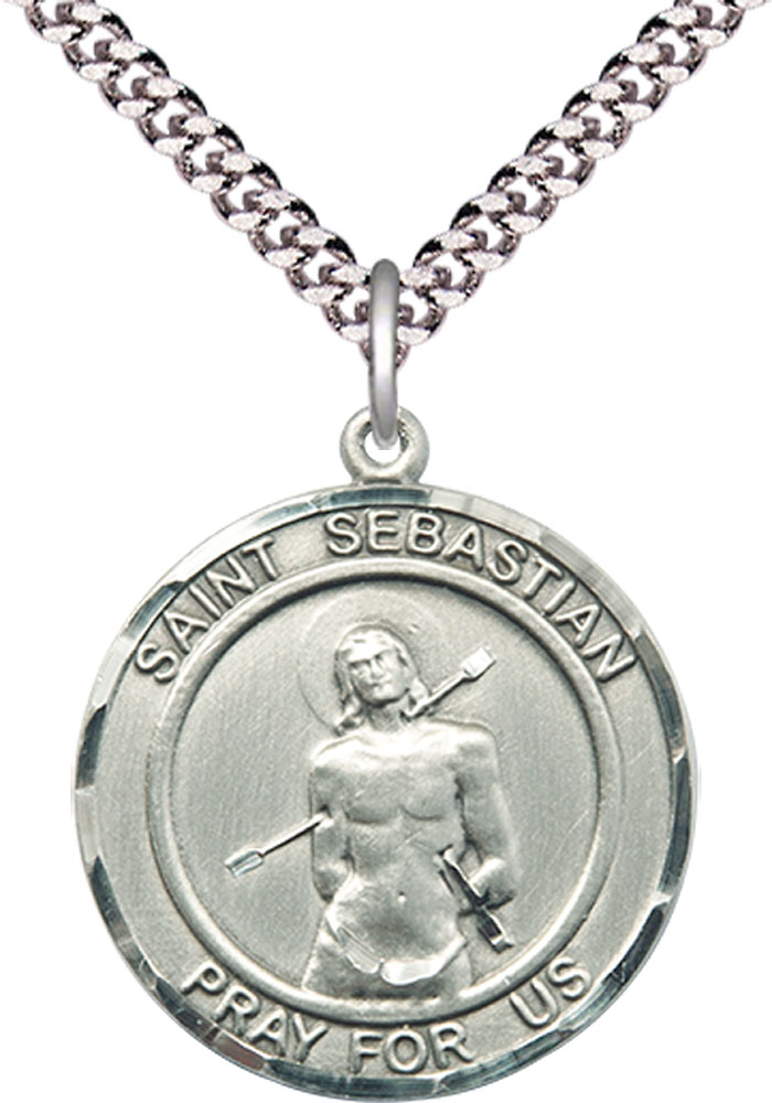 Sterling Silver Saint Sebastian Pendant on a 24 inch Light Rhodium Heavy Curb chain