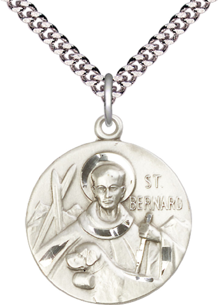 Sterling Silver Saint Bernard of Monjoux Pendant on a 24 inch Light Rhodium Heavy Curb chain