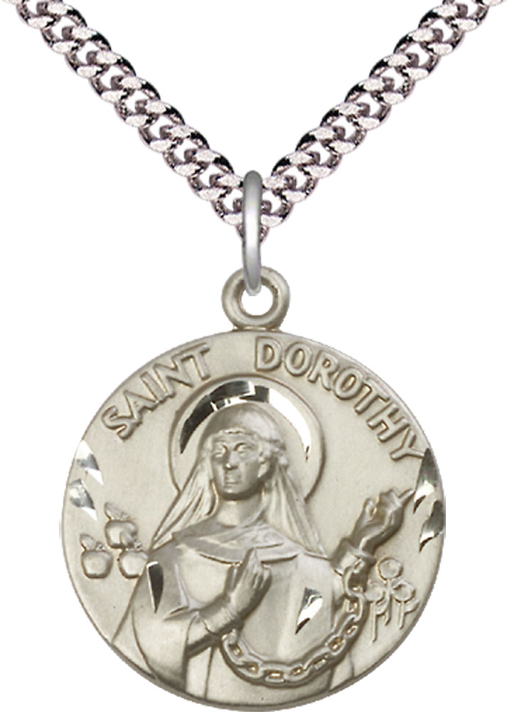 Sterling Silver Saint Dorothy Pendant on a 24 inch Light Rhodium Heavy Curb chain