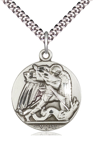 Sterling Silver Saint Michael the Archangel Pendant on a 24 inch Light Rhodium Heavy Curb chain