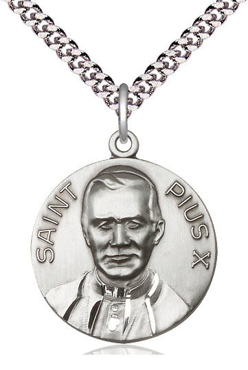 Sterling Silver Pope Pius X Pendant on a 24 inch Light Rhodium Heavy Curb chain