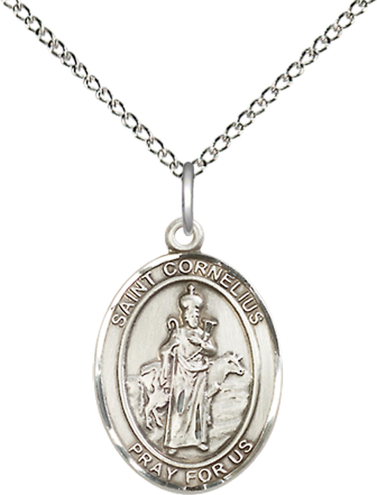 Sterling Silver Saint Cornelius Pendant on a 18 inch Sterling Silver Light Curb chain