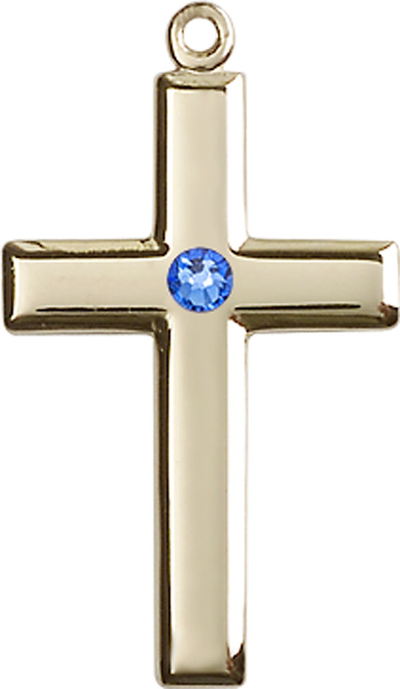 14kt Gold Cross Medal with a 3mm Sapphire Swarovski stone