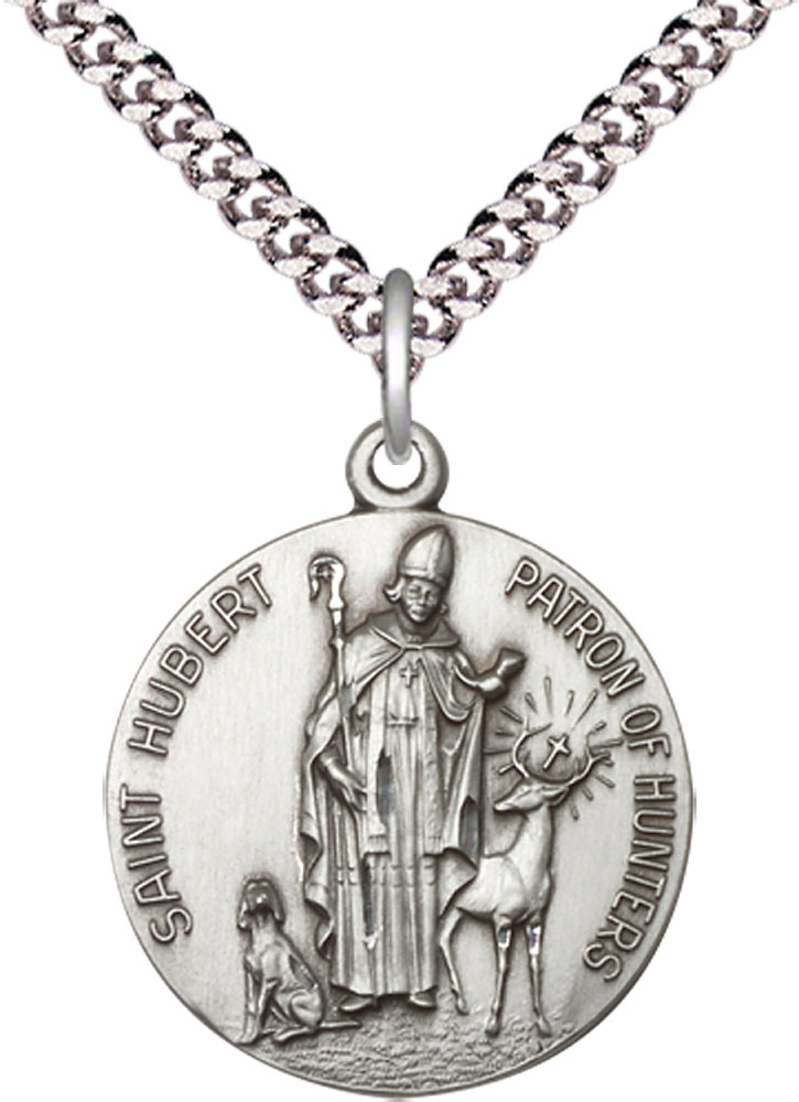 Sterling Silver Saint Hubert of Liege Pendant on a 24 inch Light Rhodium Heavy Curb chain