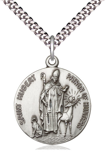 Sterling Silver Saint Hubert of Liege Pendant on a 24 inch Light Rhodium Heavy Curb chain