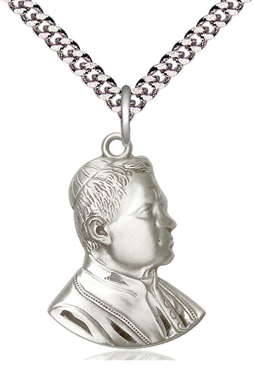 Sterling Silver Saint Pius X Pendant on a 24 inch Light Rhodium Heavy Curb chain