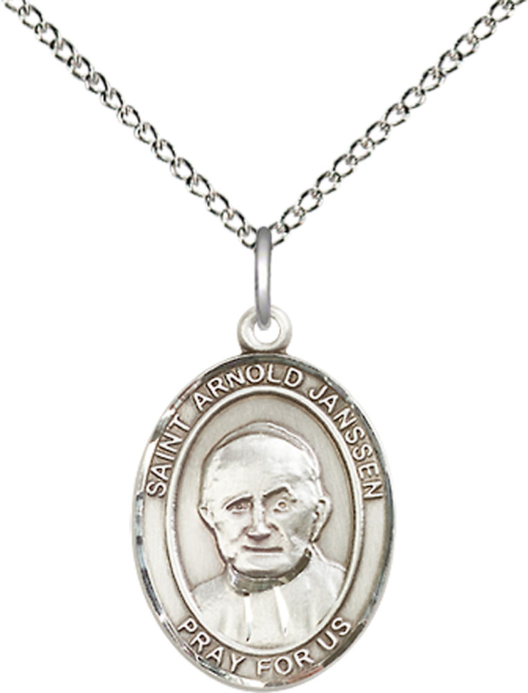 Sterling Silver Saint Arnold Janssen Pendant on a 18 inch Sterling Silver Light Curb chain