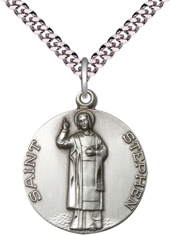 Sterling Silver Saint Stephen Pendant on a 24 inch Light Rhodium Heavy Curb chain