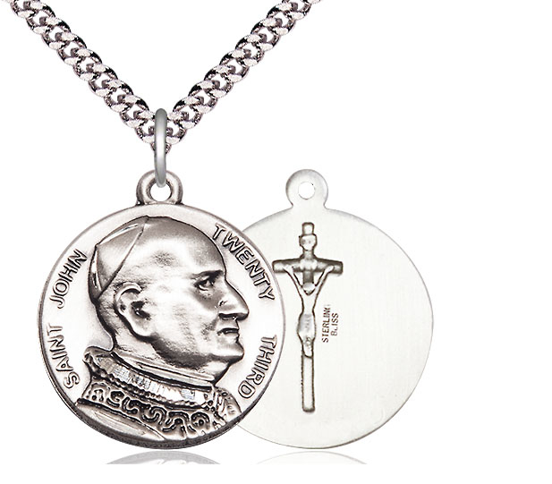 Sterling Silver Saint John XXIII Pendant on a 24 inch Light Rhodium Heavy Curb chain