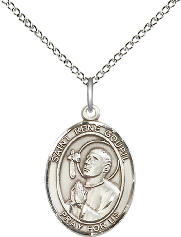 Sterling Silver Saint Rene Goupil Pendant on a 18 inch Sterling Silver Light Curb chain