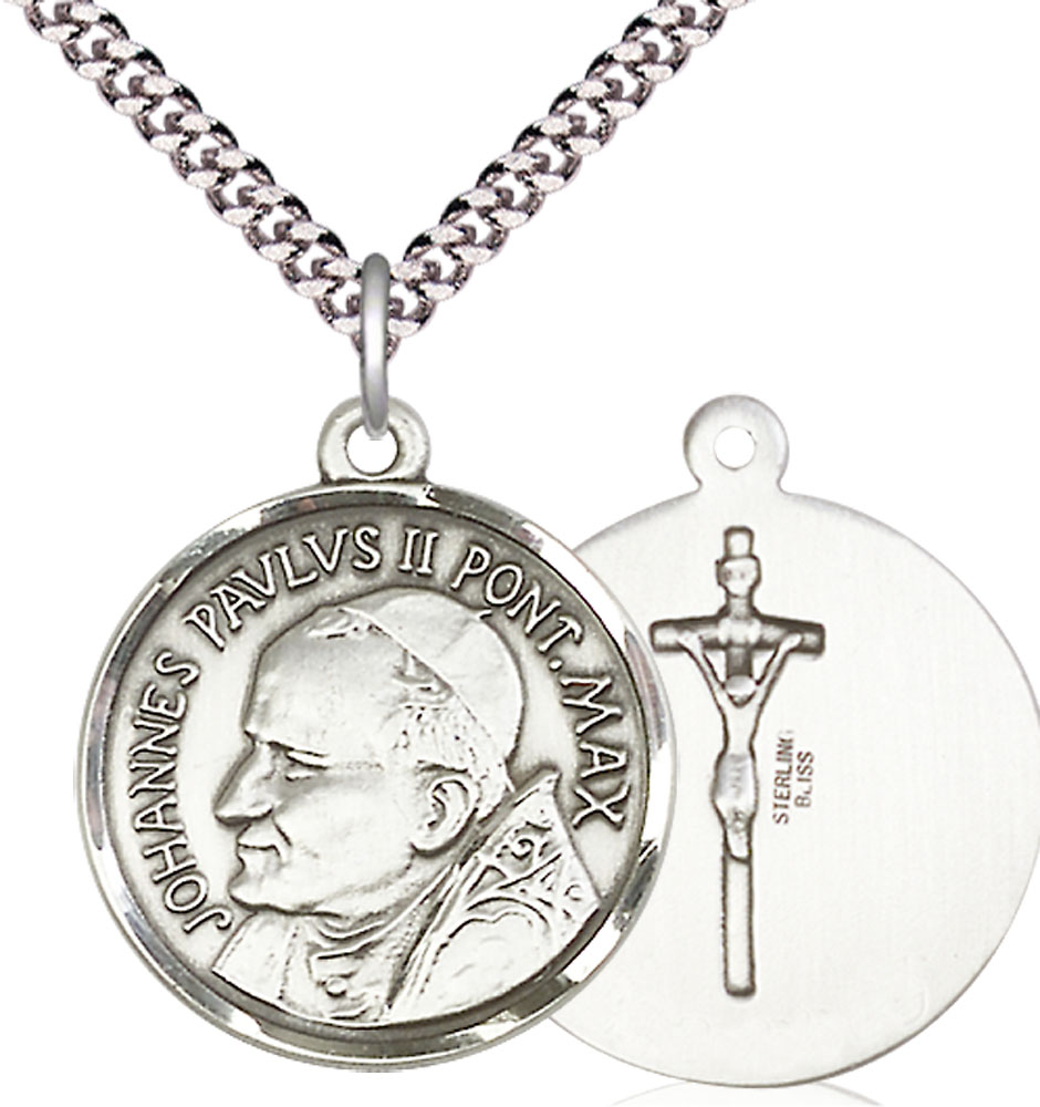 Sterling Silver Saint John Paul II Pendant on a 24 inch Light Rhodium Heavy Curb chain