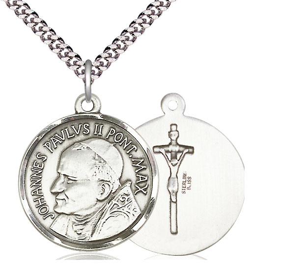 Sterling Silver Saint John Paul II Pendant on a 24 inch Light Rhodium Heavy Curb chain