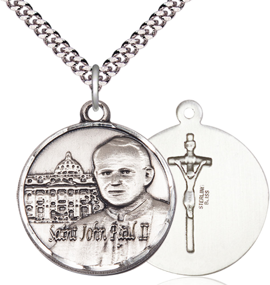 Sterling Silver Saint John Paul II Vatican Pendant on a 24 inch Light Rhodium Heavy Curb chain