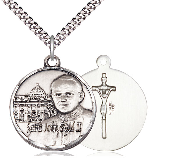 Sterling Silver Saint John Paul II Vatican Pendant on a 24 inch Light Rhodium Heavy Curb chain