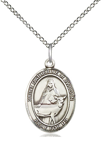 Sterling Silver Saint Catherine of Sweden Pendant on a 18 inch Sterling Silver Light Curb chain