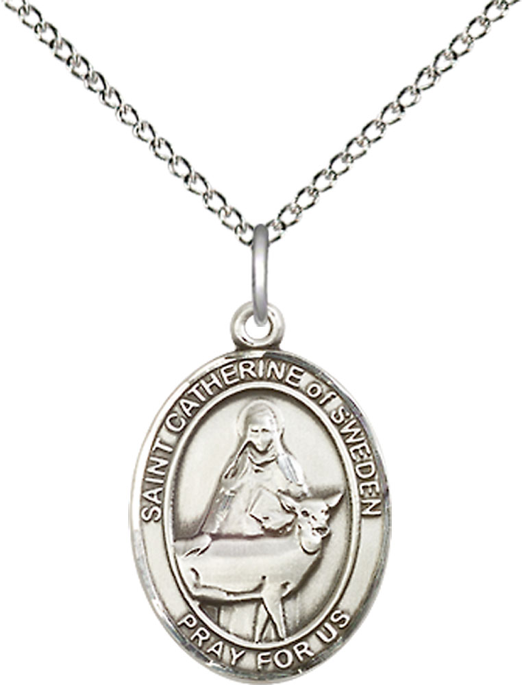 Sterling Silver Saint Catherine of Sweden Pendant on a 18 inch Sterling Silver Light Curb chain