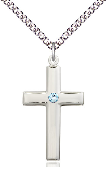 Sterling Silver Cross Pendant with a 3mm Aqua Swarovski stone on a 24 inch Sterling Silver Heavy Curb chain