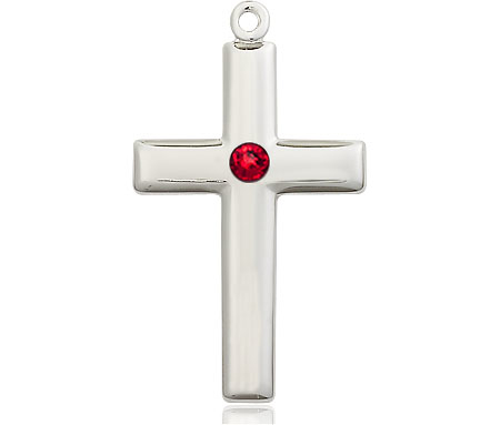 Sterling Silver Cross Medal with a 3mm Ruby Swarovski stone