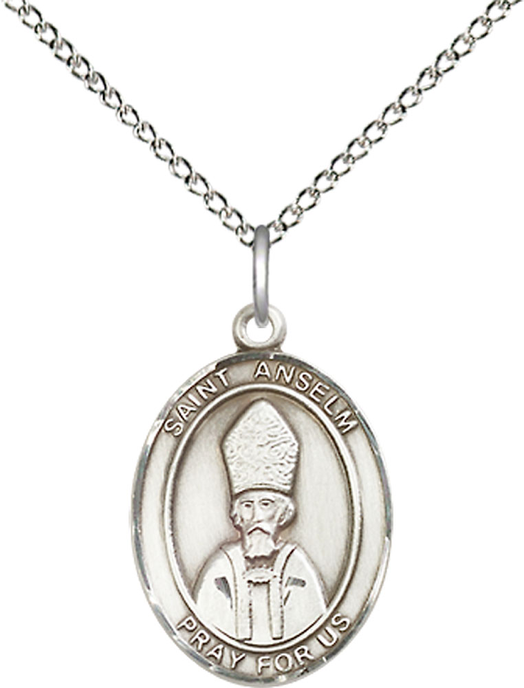 Sterling Silver Saint Anselm of Canterbury Pendant on a 18 inch Sterling Silver Light Curb chain