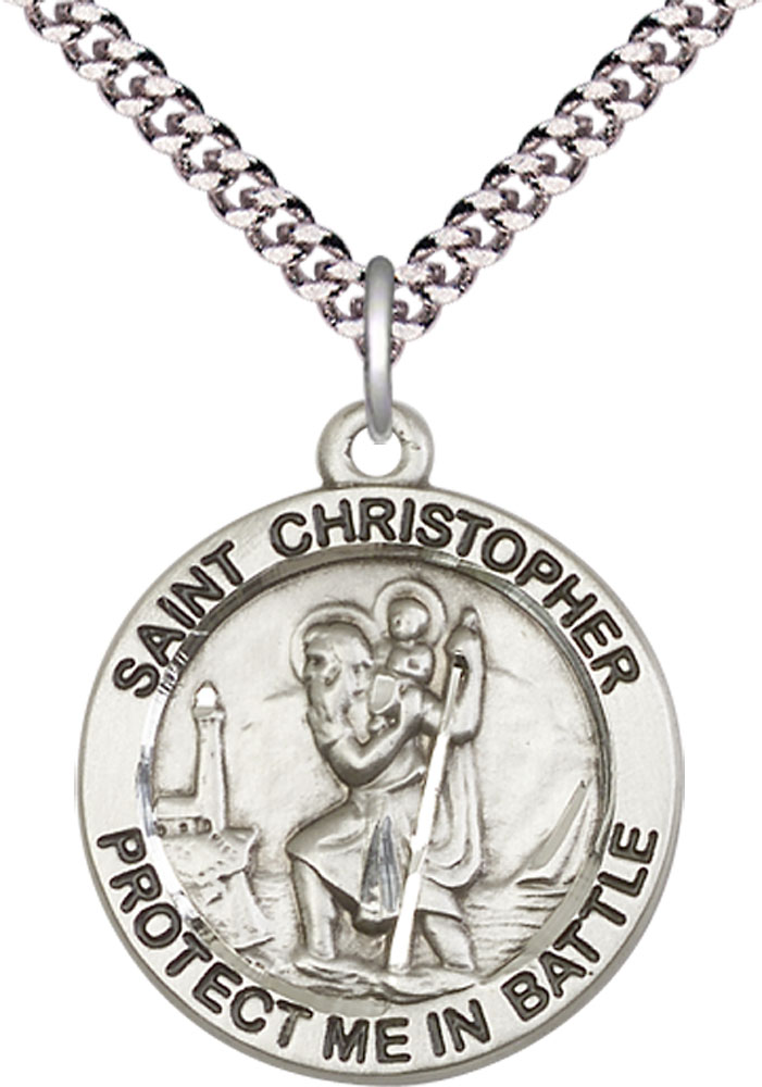 Sterling Silver Saint Christopher Pendant on a 24 inch Light Rhodium Heavy Curb chain