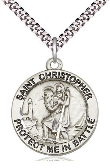 Sterling Silver Saint Christopher Pendant on a 24 inch Light Rhodium Heavy Curb chain