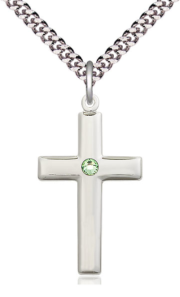 Sterling Silver Cross Pendant with a 3mm Peridot Swarovski stone on a 24 inch Light Rhodium Heavy Curb chain