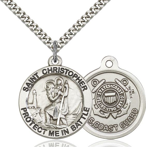 Sterling Silver Saint Christopher Coast Guard Pendant on a 24 inch Light Rhodium Heavy Curb chain