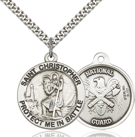 Sterling Silver Saint Christopher National Guard Pendant on a 24 inch Light Rhodium Heavy Curb chain