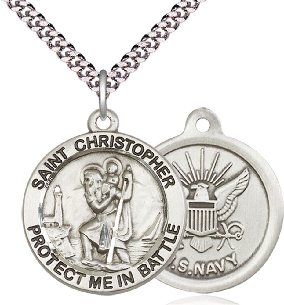 Sterling Silver Saint Christopher Navy Pendant on a 24 inch Light Rhodium Heavy Curb chain