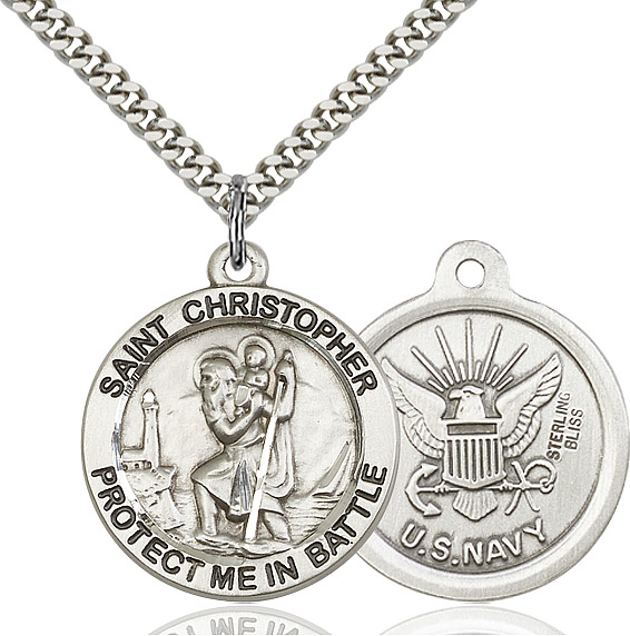 Sterling Silver Saint Christopher Navy Pendant on a 24 inch Light Rhodium Heavy Curb chain