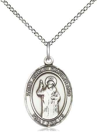 Sterling Silver Saint John of Capistrano Pendant on a 18 inch Sterling Silver Light Curb chain