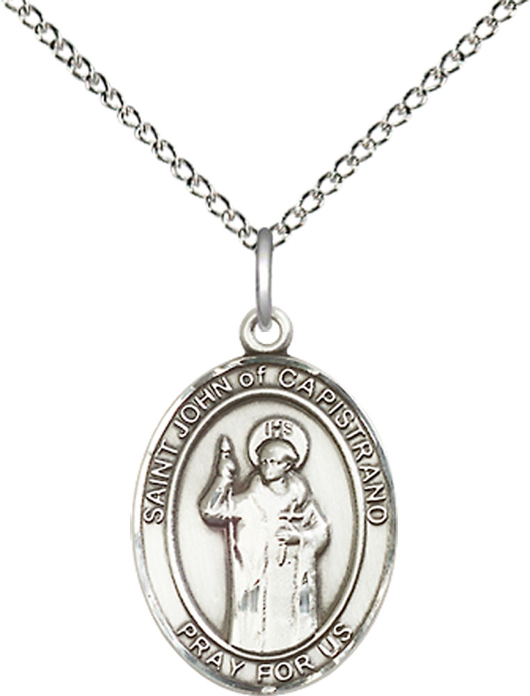 Sterling Silver Saint John of Capistrano Pendant on a 18 inch Sterling Silver Light Curb chain