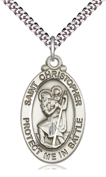 Sterling Silver Saint Christopher Pendant on a 24 inch Light Rhodium Heavy Curb chain