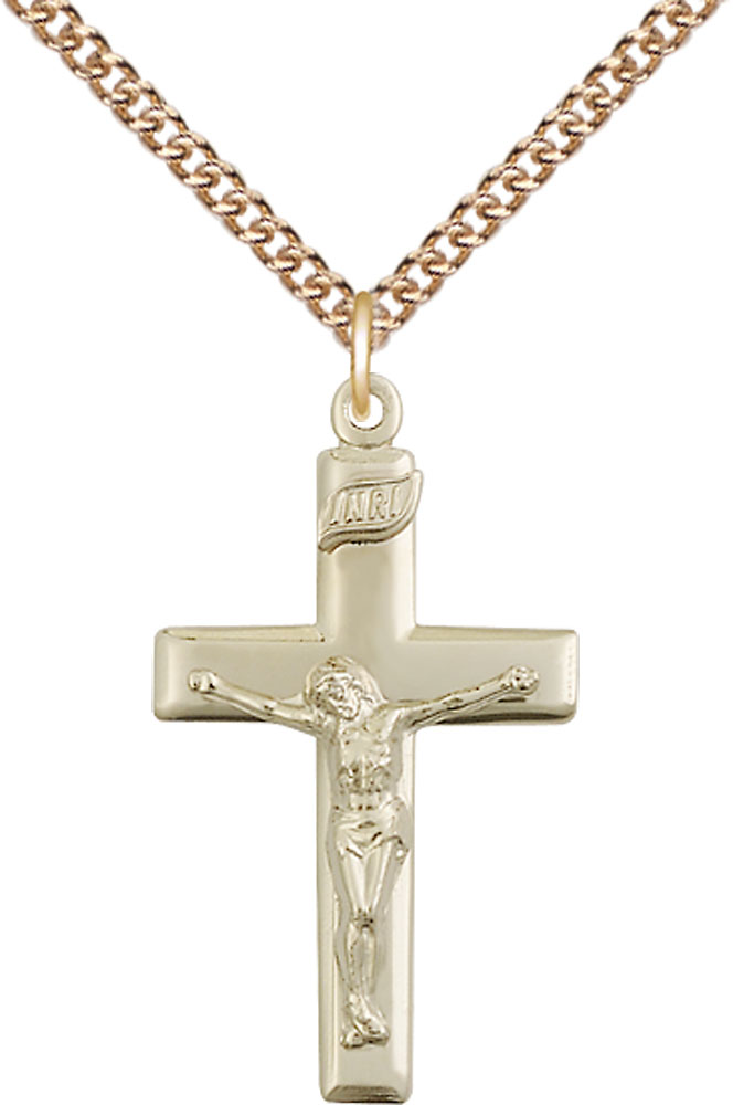 14kt Gold Filled Crucifix Pendant on a 24 inch Gold Filled Heavy Curb chain