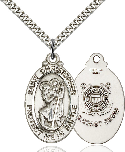 Sterling Silver Saint Christopher Coast Guard Pendant on a 24 inch Light Rhodium Heavy Curb chain