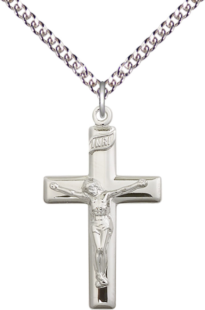 Sterling Silver Crucifix Pendant on a 24 inch Sterling Silver Heavy Curb chain