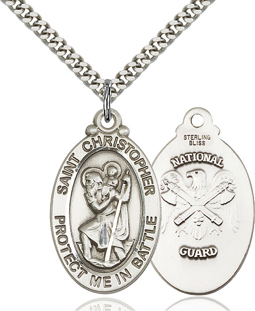Sterling Silver Saint Christopher National Guard Pendant on a 24 inch Light Rhodium Heavy Curb chain