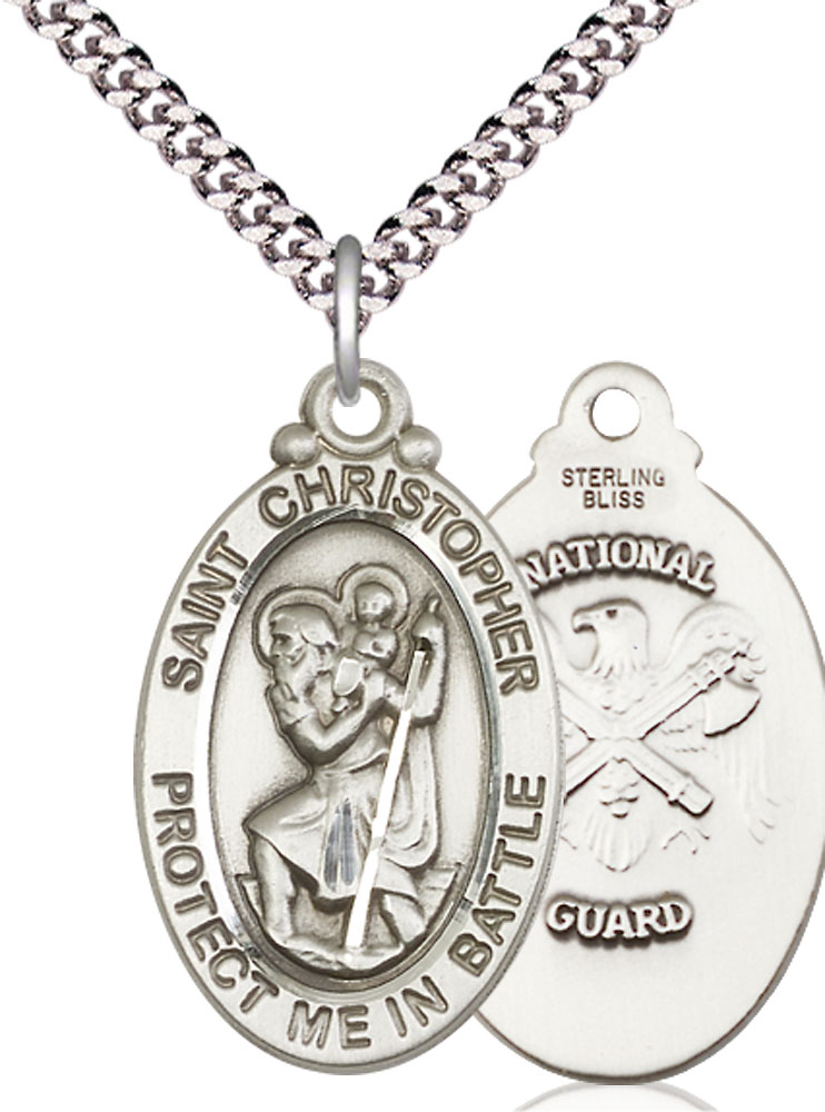 Sterling Silver Saint Christopher National Guard Pendant on a 24 inch Light Rhodium Heavy Curb chain